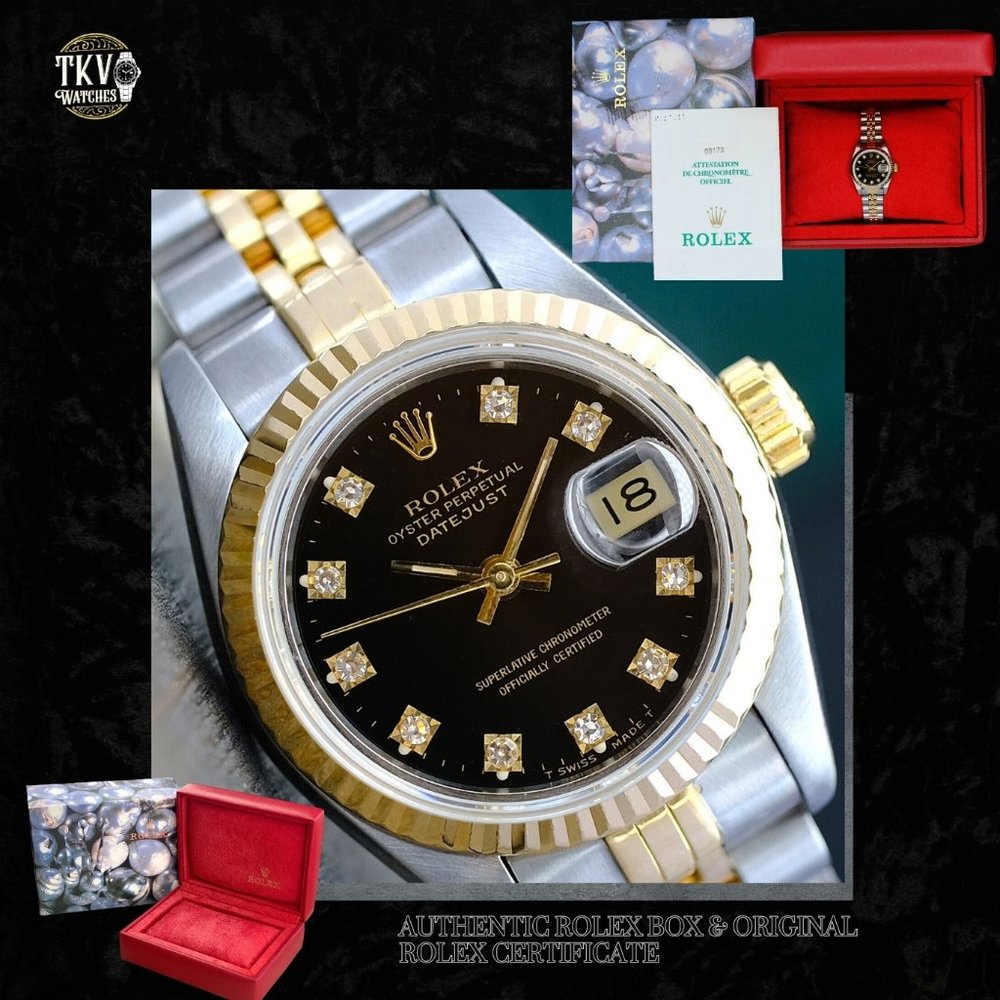 ROLEX LADY DATEJUST WATCH 69173 GOLD STEEL BLACK DIAMOND DIAL FLUTED BEZEL 26MM